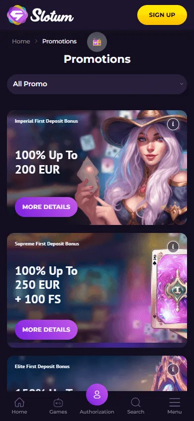 Slotum Casino mobile promotions area